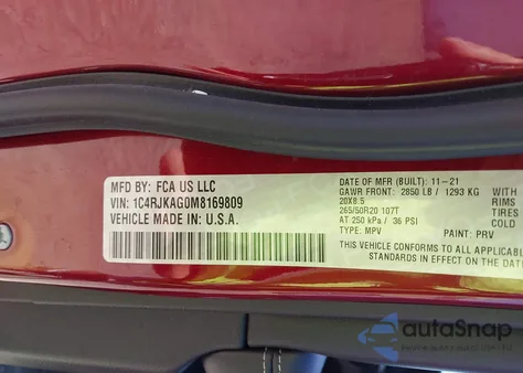 2021 Jeep Grand Cherokee L Altitude 4X4 from USA, damaged, VIN 1C4RJKAG0M8169809